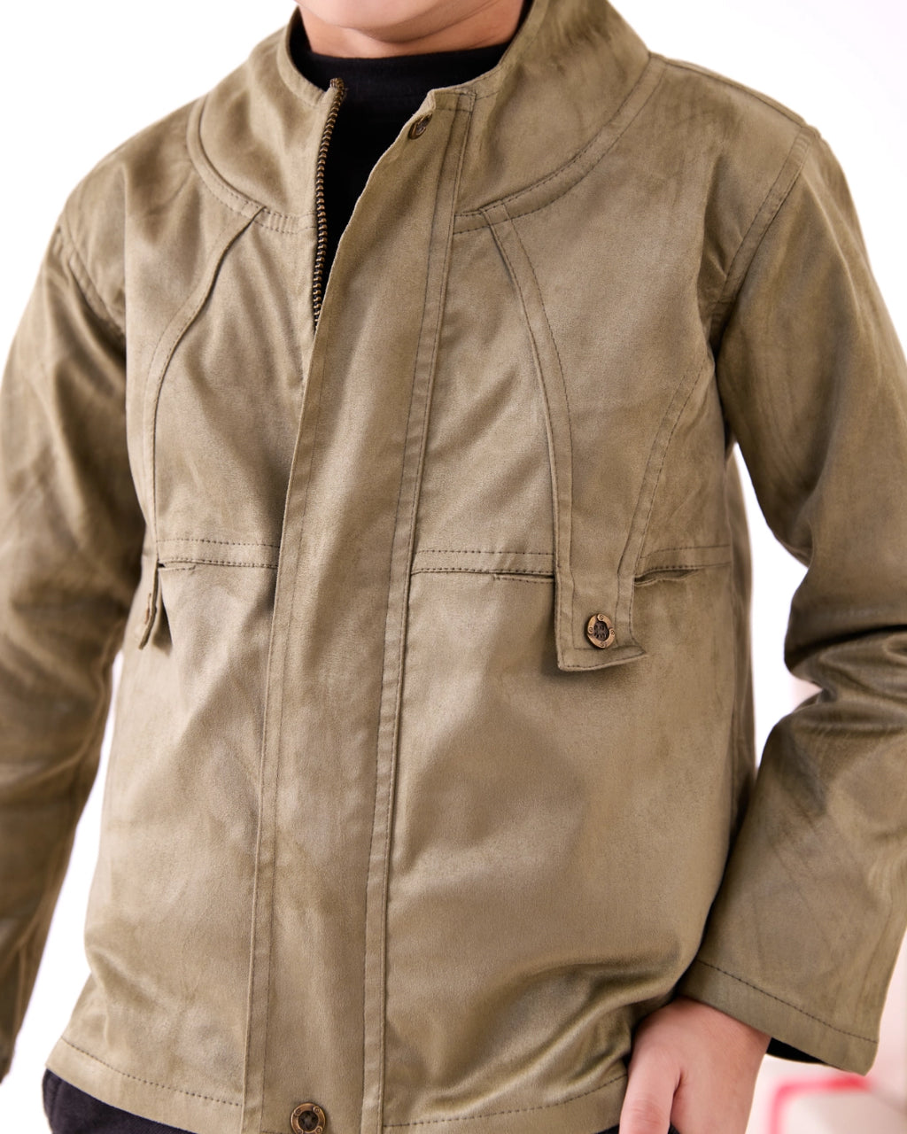 Olive Zip Front Suede Jacket